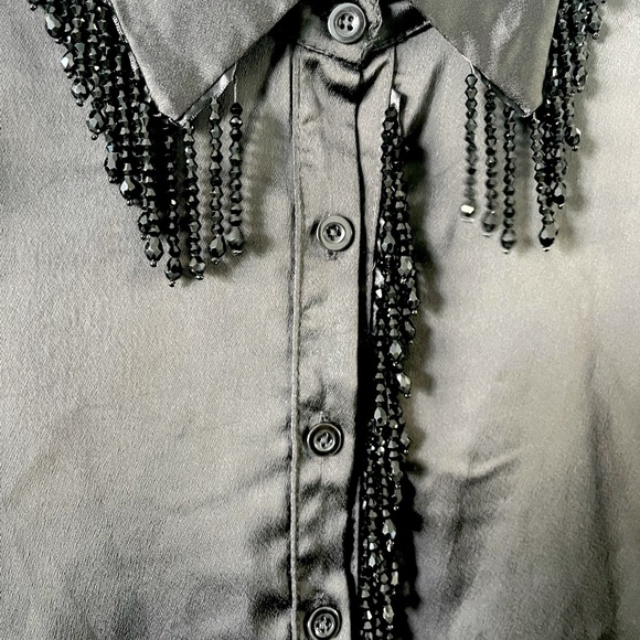 Baifenbai Black Silk long sleeve button down shirt with stone tassels - Picture 5 of 6